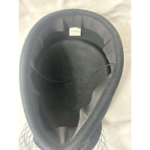 Vintage Black 100% Wool Pillbox Hat Satin Rose Birdcage Veil Funeral Formal Goth main image 9